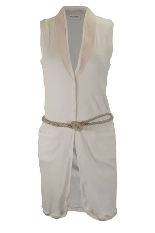 Ecru sleeveless V-neck casual long cardigan with cord belt