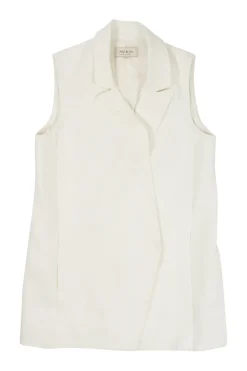 Ecru viscose double breasted breasted notch lapel wrap-front boxy gilet with concealed front fastening