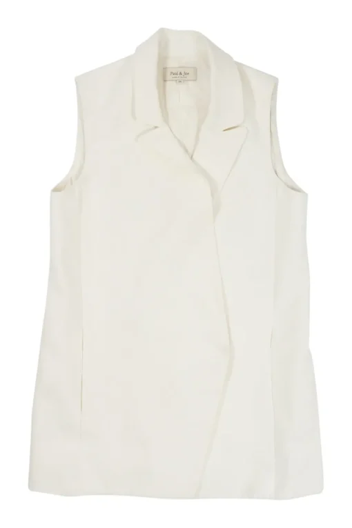 Ecru viscose double breasted breasted notch lapel wrap-front boxy gilet with concealed front fastening