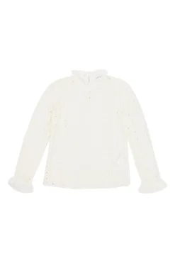 Ecru viscose-blend warp knit broderie ruffle collar blouse with flounce cuffs