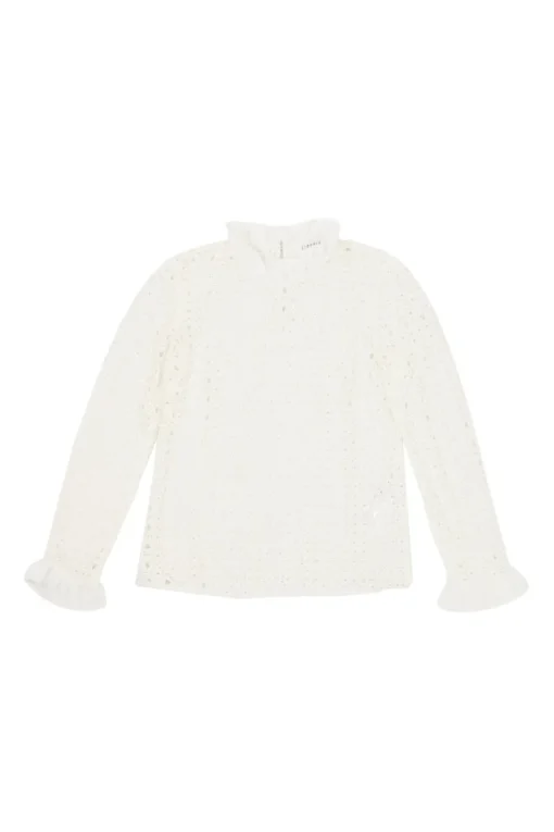 Ecru viscose-blend warp knit broderie ruffle collar blouse with flounce cuffs