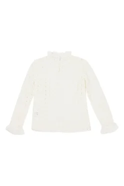 Ecru viscose-blend warp knit broderie ruffle collar blouse with flounce cuffs