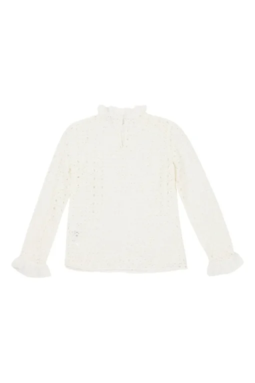 Ecru viscose-blend warp knit broderie ruffle collar blouse with flounce cuffs