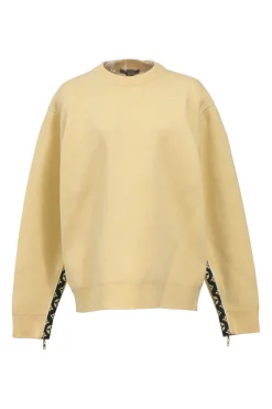 Ecru wool-blend crewneck pullover sweater with zip cuffs and monogram flower binding detail