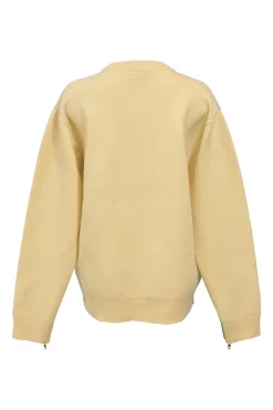 Ecru wool-blend crewneck pullover sweater with zip cuffs and monogram flower binding detail
