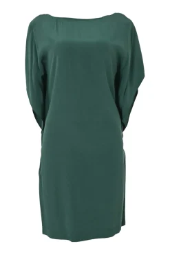 Emerald bias-cut bateau neck dolman sleeve shift dress with draped back detail