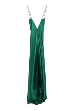 Emerald green silk satin plunge maxi slip dress with fixed spaghetti straps and cascading high-low hem