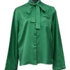 Emerald green silk satin button-front pussy-bow blouse with logo-embroidered chest patch pocket