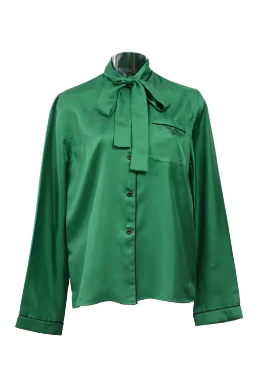 Emerald green silk satin button-front pussy-bow blouse with logo-embroidered chest patch pocket