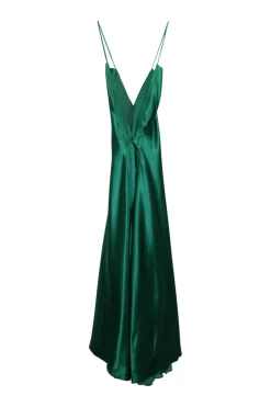 Emerald green silk satin plunge maxi slip dress with fixed spaghetti straps and cascading high-low hem