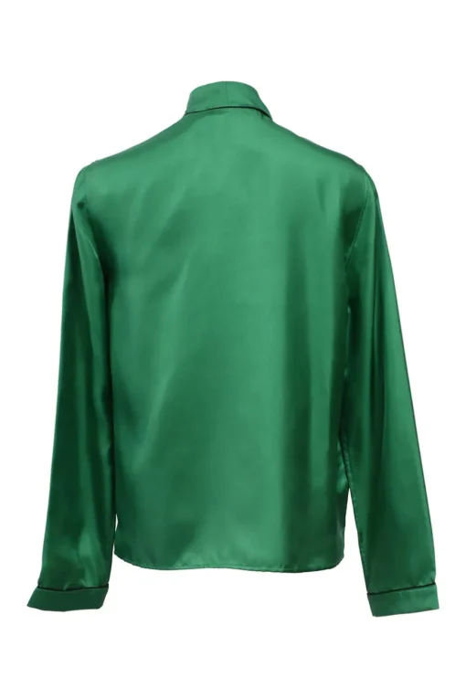 Emerald green silk satin button-front pussy-bow blouse with logo-embroidered chest patch pocket