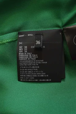 Emerald green silk satin button-front pussy-bow blouse with logo-embroidered chest patch pocket
