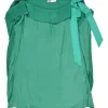 Emerald polyester satin bateau neck cap sleeve ribbon top