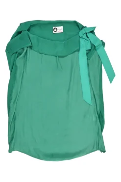Emerald polyester satin bateau neck cap sleeve ribbon top