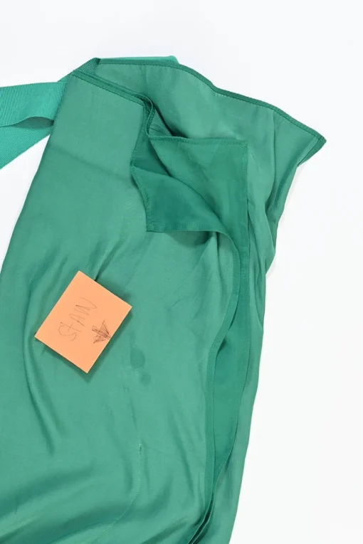 Emerald polyester satin bateau neck cap sleeve ribbon top