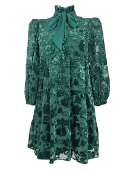 Emerald viscose-blend floral devoré velvet high-collar swing-style shift dress with blouson sleeves