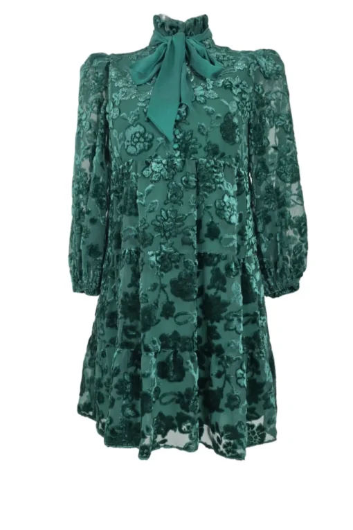 Emerald viscose-blend floral devoré velvet high-collar swing-style shift dress with blouson sleeves