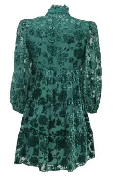 Emerald viscose-blend floral devoré velvet high-collar swing-style shift dress with blouson sleeves