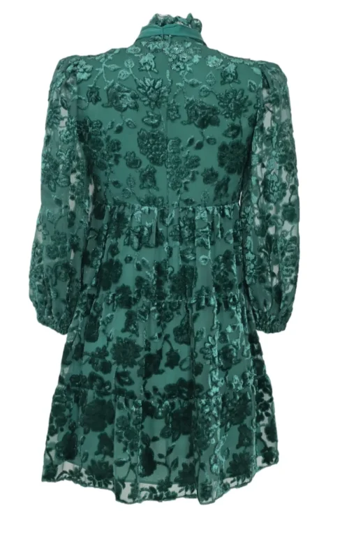 Emerald viscose-blend floral devoré velvet high-collar swing-style shift dress with blouson sleeves