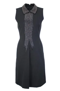 Escada Sport black sleeveless knee length dress with side pockets, gun metal embellished collar and front decor