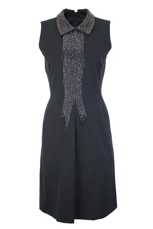 Escada Sport black sleeveless knee length dress with side pockets, gun metal embellished collar and front decor
