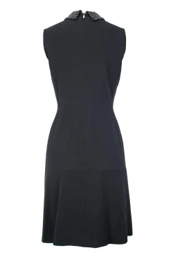Escada Sport black sleeveless knee length dress with side pockets, gun metal embellished collar and front decor