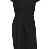 Essential Edit black polyester-blend draped slash shoulder short sleeve sheath dress