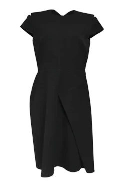 Essential Edit black polyester-blend draped slash shoulder short sleeve sheath dress