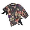 Floral print cotton asymmetrical gathered tee with grosgrain ribbon
