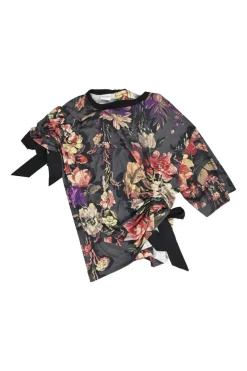 Floral print cotton asymmetrical gathered tee with grosgrain ribbon
