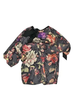 Floral print cotton asymmetrical gathered tee with grosgrain ribbon