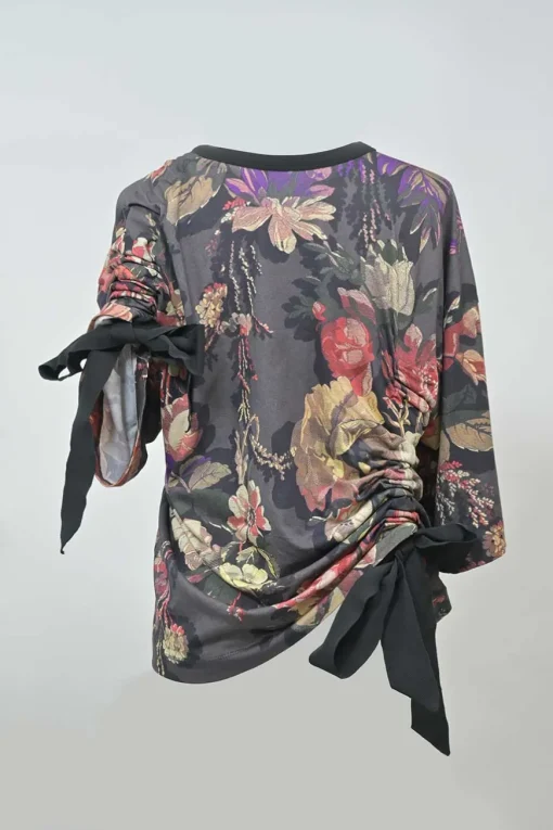 Floral print cotton asymmetrical gathered tee with grosgrain ribbon