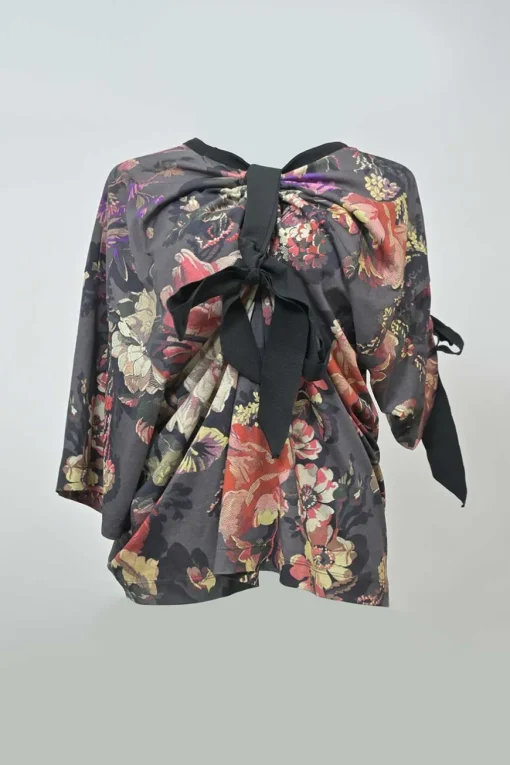 Floral print cotton asymmetrical gathered tee with grosgrain ribbon