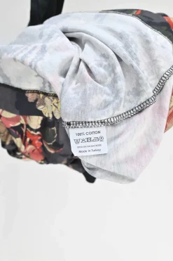 Floral print cotton asymmetrical gathered tee with grosgrain ribbon
