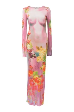 Flowers Collection pink trompe l'œil graphic print stretch viscose jersey crewneck The Body Flower long-sleeve maxi dress