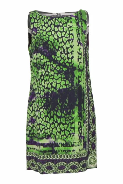 Fluo green abstract leopard print sleeveless shift dress