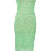 Fluo green crystal-embellished scalloped cotton floral lace illusion strapless sheath dress