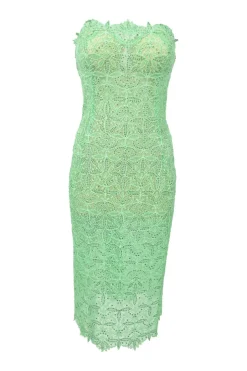 Fluo green crystal-embellished scalloped cotton floral lace illusion strapless sheath dress