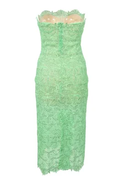Fluo green crystal-embellished scalloped cotton floral lace illusion strapless sheath dress