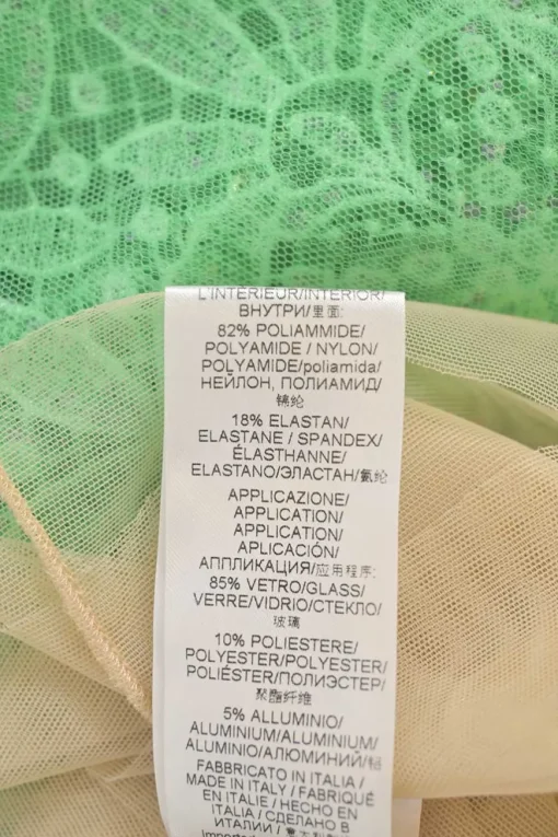Fluo green crystal-embellished scalloped cotton floral lace illusion strapless sheath dress