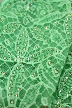 Fluo green crystal-embellished scalloped cotton floral lace illusion strapless sheath dress