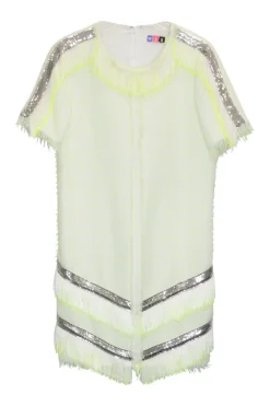 Fluo green fringe-trimmed polyester-blend bouclé tweed metallic short sleeve shift dress
