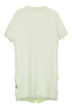 Fluo green fringe-trimmed polyester-blend bouclé tweed metallic short sleeve shift dress