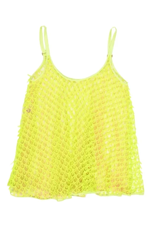 Fluo-green polyester layered mesh camisole with fixed straps