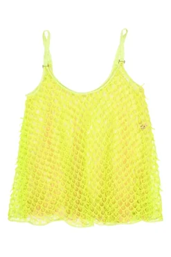 Fluo-green polyester layered mesh camisole with fixed straps
