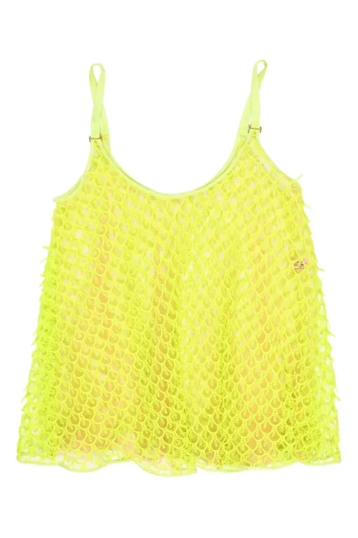Fluo-green polyester layered mesh camisole with fixed straps