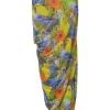 Fluro green draped polyamide-blend parrot digi-print mesh sarong-style ruched midi skirt