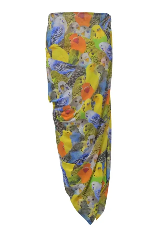 Fluro green draped polyamide-blend parrot digi-print mesh sarong-style ruched midi skirt