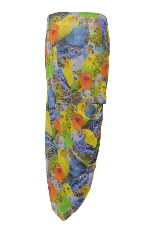 Fluro green draped polyamide-blend parrot digi-print mesh sarong-style ruched midi skirt