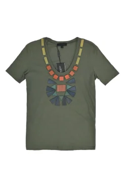 Forest embellished green cotton jersey scoop neck t-shirt with half collar bead appliqué